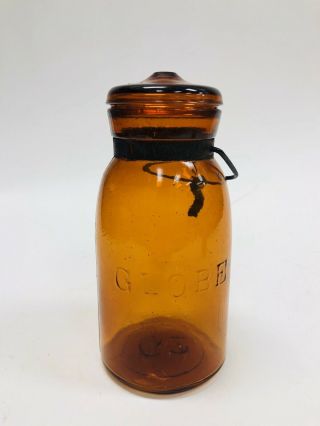 Antique Patent 1886 Amber Globe Quart Jar Matching Lid With Closure 62