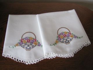 Vintage Pillowcases Embroidered & Crocheted Basket Of Asters Exquisite