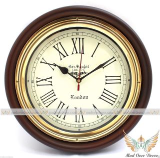 Antique Style Vintage Brass 12 Handcrafted Wood Designer Das Santos Wall Clock