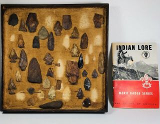 Vintage 1940’s Boy Scouts Indian Lore Merit Badge Book & Frame Of Arrowheads