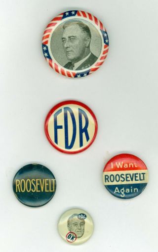 5 Vtg 1936 - 44 President Franklin Roosevelt Political Campaign Pinback Button Pac