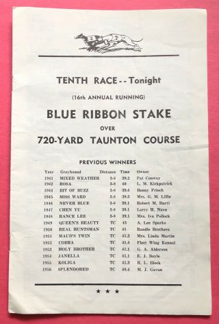 VINTAGE 1957 TAUNTON GREYHOUND PROGRAM - BLUE RIBBON STAKE - SPLENDORED 3