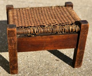 Antique 1900 Arts Crafts Mission 13 " Wood Oak Rush Cane Footstool Stool Ottoman
