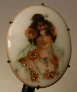 Antique Art Nouveau Lady Portrait Porcelain Gold Gilt Mucha Brooch Pin