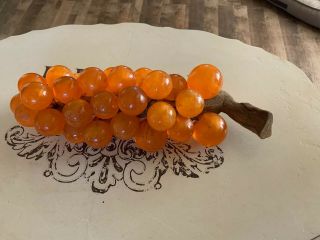 Vtg Large Lucite Acrylic Resin Grape Cluster Wood Stem Orange,  17”