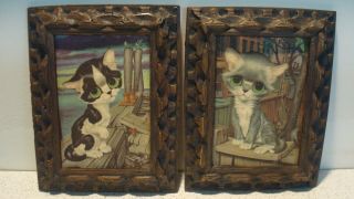 Set Of 2 Vintage Big Eye Cat Pictures Black/white Gray Cats 9x7 Thick Wood Frame