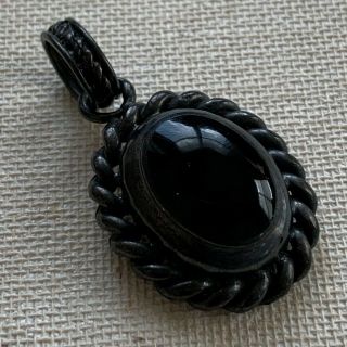 Vintage 925 Oval Black Onyx Rope Pendant Sterling Silver