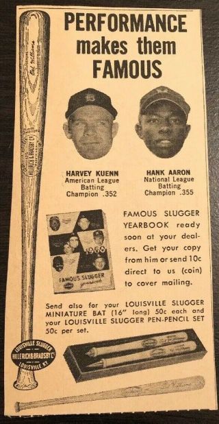 1959 Hank Aaron Harvey Kuenn Milwaukee Braves Baseball Lousville Slugger Ad Hof