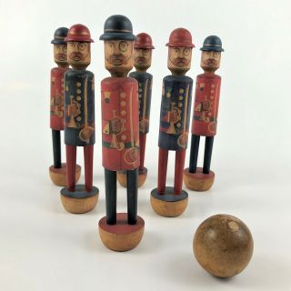 Antique Wood Litho Ives Military Soldier 6 Pin Skittle Bowling Set Mcgloughlin?