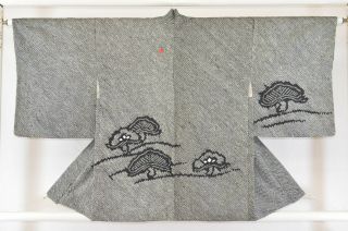 Vintage Silk Kimono Jacket:fully Shibori Black Pine Tree Landscape@kz37