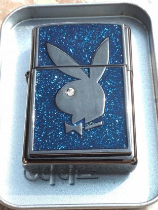 Vintage Playboy Blue Glitter Zippo Lighter Boxed