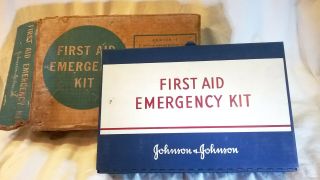 Vintage Johnson And Johnson First Aid Emergency Kit Box & Contents