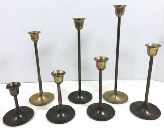 Set Of 7 Vintage Brass Graduated Candlesticks Candle Holders Patina 3 " To 9 "
