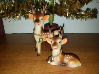 2 Vintage Rubber Japan Christmas Reindeer Deer Bell Movable Head 4 " Blue Eyes