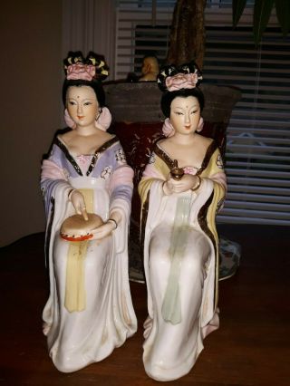 Vintage 2 Asian Woman Geisha Lady Chinese Figurine Statues 9.  5 " Tall