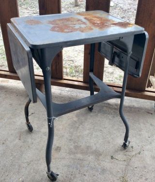 Vtg Industrial Metal Drop Leaf Typewriter Table Stand Mid Century Desk Laptop 2