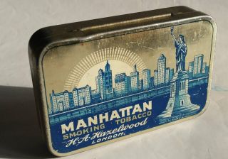 1920s Art Deco Manhattan Pocket Tobacco Tin With Lady Liberty,  By Hazelwood