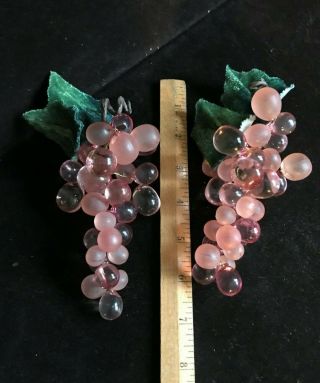Two Vintage Champagne Pink Lucite Acrylic Cluster Of Grapes & Leaves 6 " Long