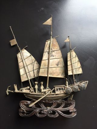Antique Hong Kong Chinese Sterling Silver Chinese War Junk Boat On Wooden Stand