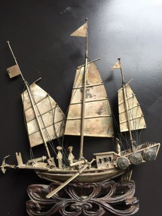 Antique HONG KONG chinese STERLING SILVER CHINESE WAR JUNK BOAT on WOODEN STAND 2