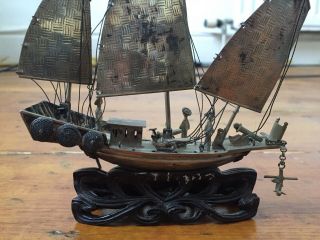 Antique HONG KONG chinese STERLING SILVER CHINESE WAR JUNK BOAT on WOODEN STAND 3