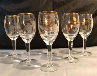 Set Of 6 Gorgeous Vintage Etched Crystal Brandy Cordial Glasses Gold Accents