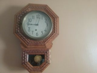 Antique Ingraham Oak Octagon Drop Regulator Wall Clock W/key