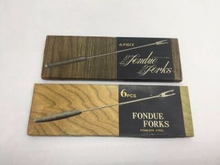 Vintage Japan Fondue Forks Set 12 Mid Century Stainless Steel Teak Wood Handles
