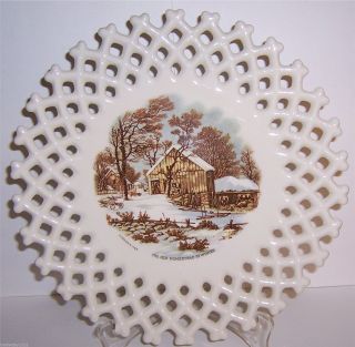 Vintage Currier & Ives Plate Lattice Border " The Old Homestead In Winter " S.  Lee