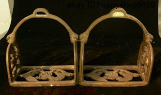 6 " Old Chinese Dynasty Palace Bronze Bird Rider Horse Pedal Stirrup Pair Statue