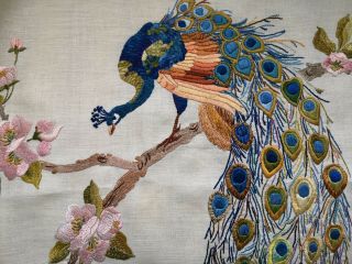 Exquisite Vtg Hand Embroidered Irish Linen Picture Panel Peacock