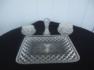 Vintage Antique Crystal Vanity Set Trinket Dishes Tray & Vase Inwald