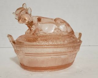 Vtg Cow On Nest Bucket Pink Depression Glass Lidded Candy Dish Vanity 5.  25 " W