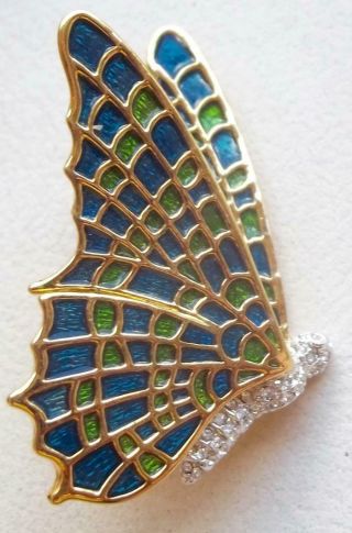 Kenneth J Lane Vintage Brooch Blue Green Stained Glass & Ice Rhinestone Butterfl