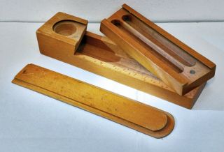 Vintage Wooden Pencil / Pen Box With Rotating Section And Slide Lid