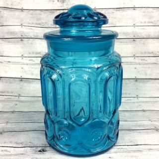 Midcentury Aqua Blue Moon & Star 9.  5 " Kitchen Canister Le Smith Glass Cookie Jar