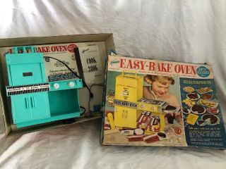 Vintage 1964 Kenner Easy Bake Oven Toy Turquoise Box Recipe Book Pans