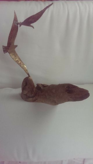 Vtg Mid Century Modern Driftwood And Copper Seagull Sculpture 10 "