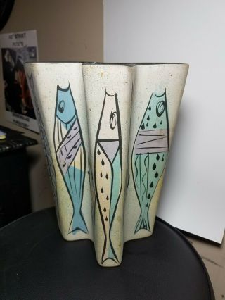 Mid Century Modern Fish Vase Hand Painted Pastels Signed Rm 10 " Abstract