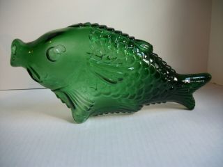Vintage Decanter Bottle Open Mouth Fish 13 " Green Glass