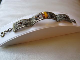 Antique Art Nouveau Deco Gold T Brass Filigree Amber Czech Glass Jewel Bracelet