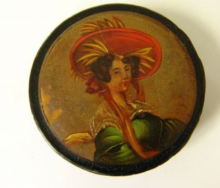 Antique Papier Mache Snuff Box Women In Red Hat Early 19th C