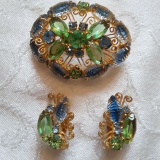 Vintage Designer Pin And Earrings Set,  Rhinestones,  Bl Fri 25 Off