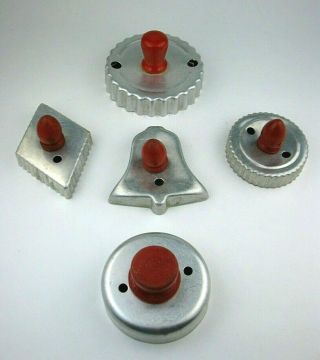 5 Vintage Aluminum Metal Red Wood Handle Cookie Cutters Round Bell Diamond