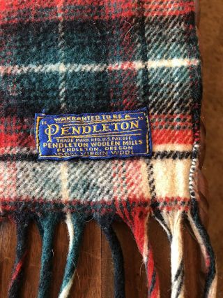 Vintage Pendleton Plaid Wool Throw Blanket W/Fringe 70x52 Red Green Cream Black 2