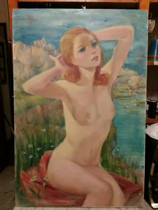 Vintage Nude Redhead Women By The Lake Oil 36×24