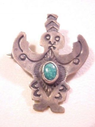 Old Fred Harvey Era Navajo Silver And Turquoise Hand Stamped Man Figure Brooch