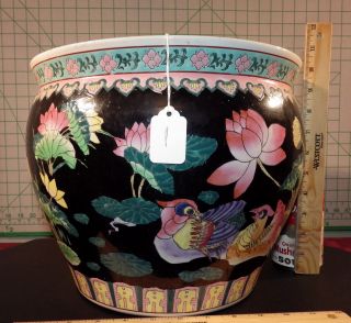 Vintage Chinese Porcelain Koi Fish Bowl Planter Bird Floral Decoration Signed 1