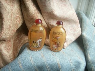 Old Vintage Chinese Pair Large Of Hand Painted Interior Glass Snuff Bottles Fine