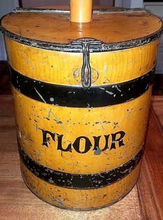 Antique Metal Toleware Lamp Flour Bin Canister Primitive Farm Jar Tin